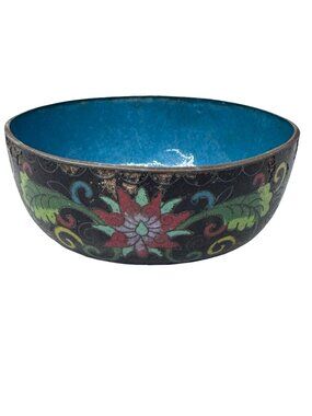 Vintage Hand-Painted Cloisonné Bowl Floral Blue Enamel Interior 3.75" Chinese